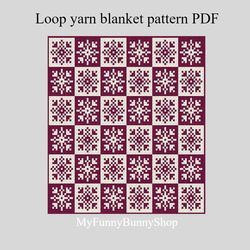 Loop yarn finger knitted Snowflakes Checkered blanket pattern PDF