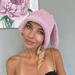 Knit Bunny Bucket Hat Crochet Pink Velvet Bunny Ears Bucket Hat Rabbit Ears Hat Bunny with Ears hat