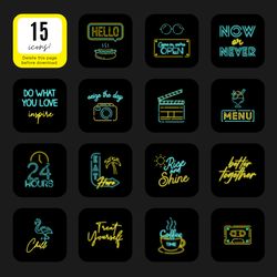 15  neon blue and yellow instagram highlight covers. neon social media icons. digital download.