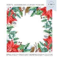 Watercolor Christmas Frame. Poinsettia Square Frame. Digital clipart, Hand Drawn Graphics. Digital Download.