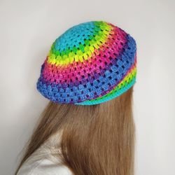 French beret for women. Rainbow beret hat crochet. Lgbtq pride beret hat.