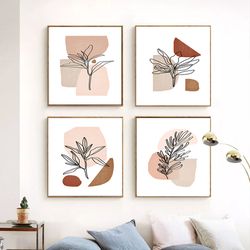 Botanical Line Art Set Of 4 Wall Art Leaf Line Drawing Plants Print Interior Decor Leaves Art Digital Prints Scandi Art