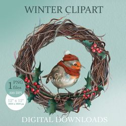 Christmas wreath made of twigs. Robin bird in a hat. Winter Clipart PNG. Digital download.
