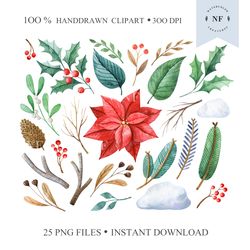 christmas red poinsettia digital clip art, merry christmas hand drawn graphics. christmas greenery clipart. natartstudio