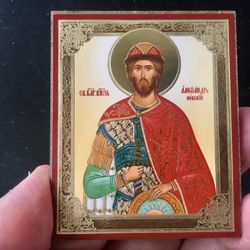 Prince Alexander Nevsky |  Gold and Silver foiled icon lithography mounted on wood | Size: 3 1/2" x 2 1/2"