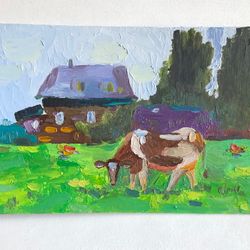 In the village Cow original oil painting hand painted impasto painting farmhouse wall art 6x9 inches