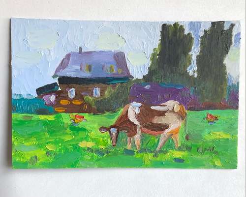 In the village Cow original oil painting hand painted impasto painting farmhouse wall art 6x9 inches