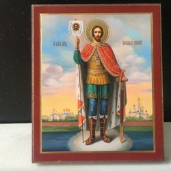 Prince Alexander Nevsky |  Gold and Silver foiled icon lithography mounted on wood | Size: 3 1/2" x 2 1/2"