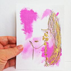 Line Painting Face Female Original Art  Single Line Drawing Painting Golden Pencil 6 by 5 Inches Small Painting