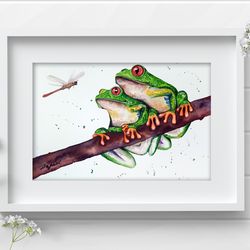 2 Green Tree Frog 7x10 inch watercolor original wall decor aquarelle bug painting by Anne Gorywine