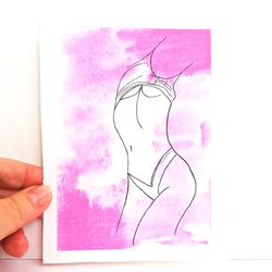 Naked Women Painting Drawing Pencil Original Art Nude Women Painting Golden Pencil Wall Art Small Artwork 6 by 5 Inches