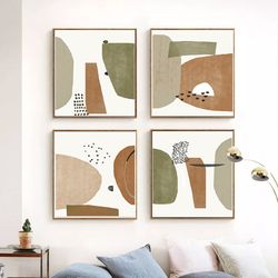 Abstract Set Of 4 Prints Green Brown Decor Printable Art Shapes Print Abstract Painting Scandi Poster 4 Piece Wall Art