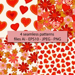 Set of seamless patterns for Valentine's Day, flowers and hearts