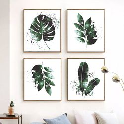 Leaf Print Set Of 4 Prints Green Decor Printable Art Botanical Print Plants Painting Scandi Poster 4 Piece Wall Art