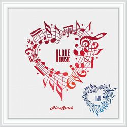 cross stitch pattern music heart notes staff treble clef bass monochrome blue red counted crossstitch patterns pdf