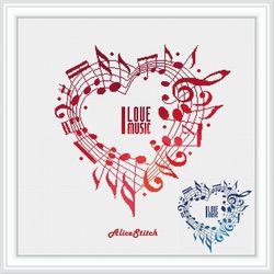 Cross stitch pattern Music Heart Notes Staff Treble clef bass monochrome blue red counted crossstitch patterns PDF