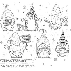 christmas gnomes outline svg, christmas gnomes clip art, outline, svg file, hand drawn, png, digital download