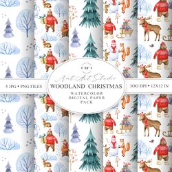 Christmas seamless patterns with forest animals and trees. Xmas. JPG. PNG. Digital Paper. Fairy animals. NatArtStudio.