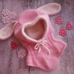 Bunny pink balaclava with ears for girl, winter merino wool hat, balaclava design, knits hats, beanie babies, helmet