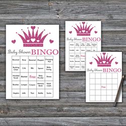 60 Princess theme Baby Shower Bingo Cards,Pink crown Baby Shower Bingo Games,Printable Baby Shower Bingo Cards--351