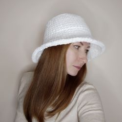 Fluffy bucket hat hand knit White fluffy bucket hat crochet for women