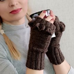 Fingerless fashion gloves women - arm warmers - knitted accessories - personalized gifts - brown glove with design