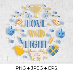 Love and Light lettering with traditional Hanukkah symbols sublimation design