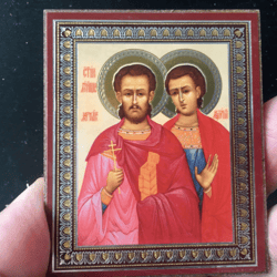 The Martyrs Marcian and Martyrius  |  Gold and Silver foiled icon lithography mounted on wood | Size: 3 1/2" x 2 1/2"