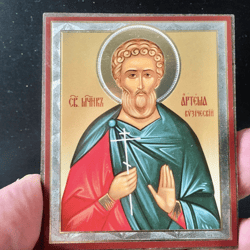 Saint Artemius Of Cuzicos | undefined Gold And Silver Foiled Icon Lithography Mounted On Wood | Size: 3 1/2" X 2 1/2"