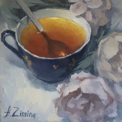 Tea and flower painting, small oil painting still life, original oil painting, tea cup painting for kitchen