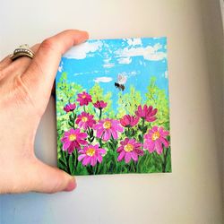 Field of daisies small painting, Landscape art, Bee painting, Insect mini painting, Floral wall decor
