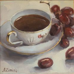 Grapes and tea painting, small oil painting still life, original oil painting, tea cup painting for kitchen