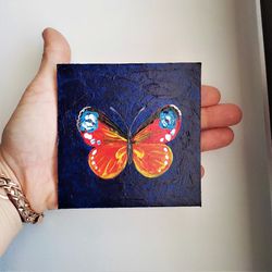 Butterfly painting, Insect impasto painting, Bright butterfly small art wall decor