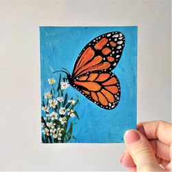 Monarch butterfly painting, Insect mini painting, Butterfly small wall decor, Butterfly lover gift
