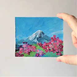 Mountain landscape painting, Cherry blossom impasto painting, Sakura small wall decor, Floral original art