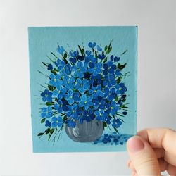 Forget-me-nots painting, Bouquet of blue flowers impasto painting, Blue art small present