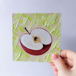 Half apple painting, Fruit impasto painting kitchen wall decor, Red apple small art original painting