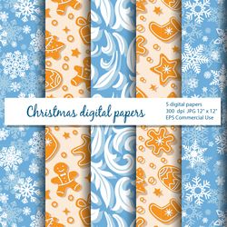Christmas digital papers, Christmas Gingerbread and Snowflakes scrapbooking papers in JPG format