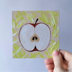 Half apple small painting, Fruit art kitchen wall decor, Red apple original impasto painting