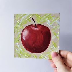 Apple original painting, Red apple fruit painting kitchen wall decor, Fruit art