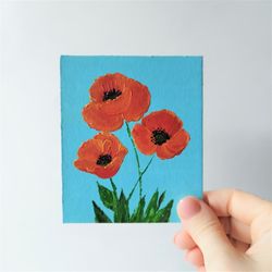 Poppies small painting, Poppy flowers art, California poppy floral wall decor, Small present gift