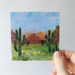 Cactus painting, Saguaro national park painting, Small wall decor, Landscape art, Cactuses artwork