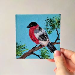 Bullfinch original painting, Bird mini painting, Bird small art, Bird lover gift