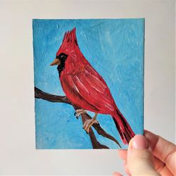 Red cardinal painting, Bird mini painting, Bird small art wall decor, Bird lover gift