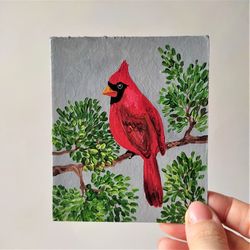 Red cardinal origignal painting, Bird small painting, Bird wall art decor, Bird lover gift