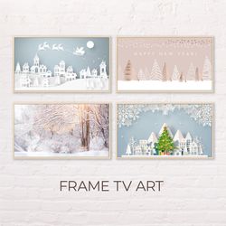 Samsung Frame TV Art | 4k Set Of 4 Winter Christmas Snowy Blue and Pink Arts For The Frame Tv | Digital Art Frame Tv