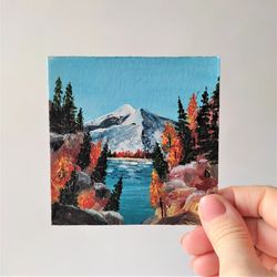 Mountain landscape original painting, Nature impasto painting, Mountain lake art wall decor small painting