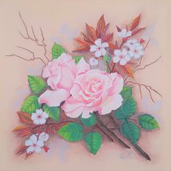 Roses Painting Cherry Blossom Original Art Floral Wall Art Pink Flower Painting
