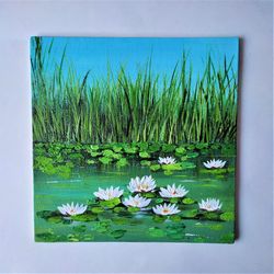 Water lilies original painting, Landscape artwork, Floral impasto painting wall decor, Water lily art