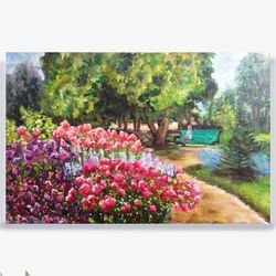 Floral Landscape Painting Original Oil on Canvas Blooming Carden Wall Art Impressionism  Art